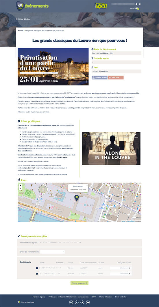 Détails de la fiche produit du site de billetterie événementielle du CE RATP