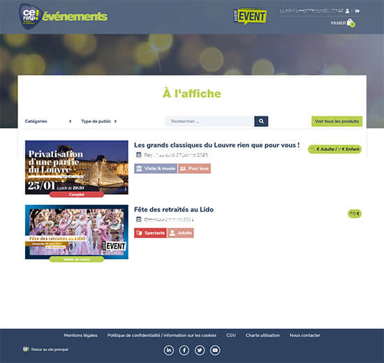 Détail de la liste des produits du site de billetterie du CE RATP