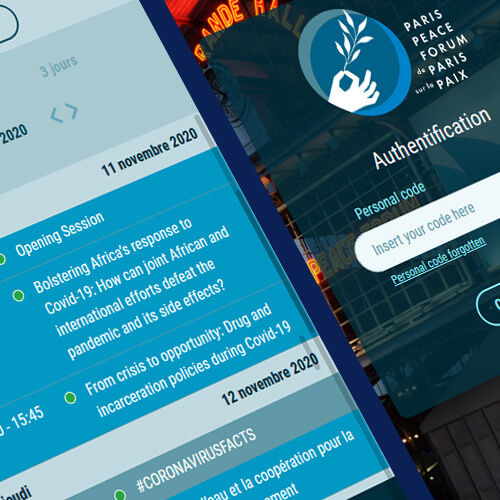 Détails des interfaces mobiles pour le Paris Peace Forum 2020, une plateforme développée par Mediactive
